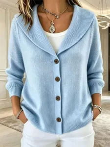 Chic light blue knitted cardigan for women featuring a stylish shawl collar and front buttons.