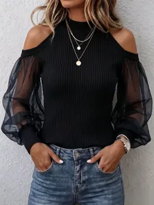 Haut chic épaules dénudées en mesh, pull élégant manches longues coupe slim unie.
