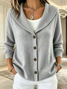 Detailed view of the stylish solid color shawl collar knit cardigan with buttons and sleeves.