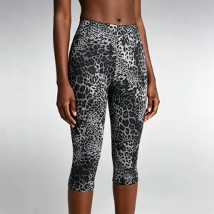 Women's black silver leopard print high-waisted activewear capri leggings main view
