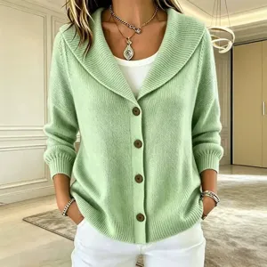 Women's solid color lapel button knit cardigan sweater with 3/4 sleeves for autumn fashion.