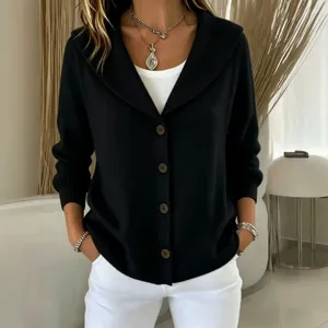 Women's black lapel cardigan button down sweater outerwear for autumn winter daily wear.