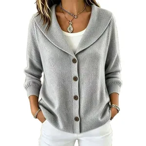Women solid color knit cardigan shawl collar three quarter sleeve button down sweater top