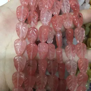 Pink strawberry quartz leaf-shaped beads for jewelry making