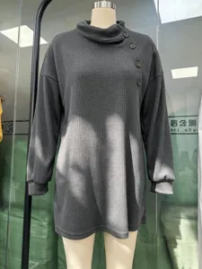 Damen einfarbig Waffelstrick Langarm Knopf lässiges Oberteil bequemer Herbst Pullover
