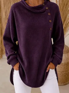 Damen einfarbige Waffelstrick Langarm Knopf Casual Pullover Bluse Oberteile