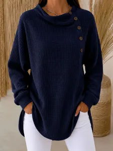 Detailansicht Damen einfarbig Waffelstrick langarm Rollkragen Knopf Freizeit Bluse Top.