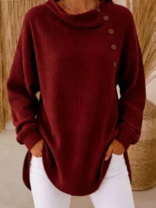 Damen Waffelstrick Langarmshirt mit Knöpfen am Ausschnitt, lässiger und bequemer Pullover.