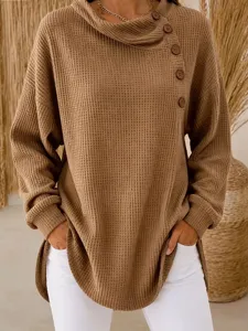 Damen Waffeloptik Langarm Knopf Casual Oberteil einfarbig Mode Bekleidung Detail Ansicht