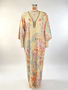 Boho floral print V-neck maxi dress, elegant long sleeve ethnic kaftan for women casual wear.