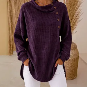 Stilvolle Damen Lässige Waffelstrick Langarm Knopf Einfarbiges Oberteil Lose Bluse