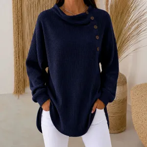 Damen einfarbig Waffelstrick Langarm Knopf Oberteil lässig Pullover Shirt Hauptansicht