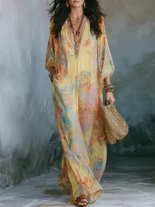 Boho floral digital print long dress detail showing V-neck and relaxed flowing silhouette.