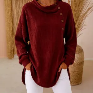 Damen einfarbig Waffelstrick Langarm Knopf lässig Top elegante Pullover Bluse für Alltag