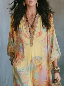 Close-up detail of bohemian style vintage digital print V-neck dress and layered accessories.