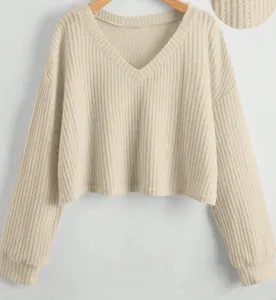 Top corto maniche lunghe con scollo a V in maglia waffle, maglione casual da donna autunno.