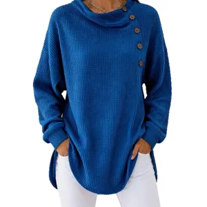 Damen lässiges Waffelstrick Langarmshirt mit Knöpfen einfarbig sehr bequemes Top