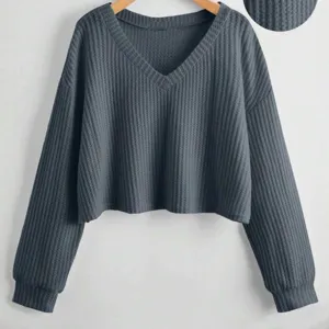 Maglione Pullover in Poliestere con Tessuto a Nido d'Ape Manica Lunga Corto Largo con Scollo a V Casual da Donna per Autunno Inverno