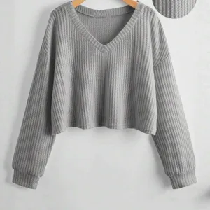 Donna Grigio Scollo a V Maglia Waffle Manica Lunga Ampio Corto Maglione Autunno Top