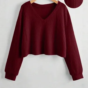 Maglione Corto Lavorato A Maglia Maniche Lunghe Scollo V Bordeaux Donna Casual Elegante