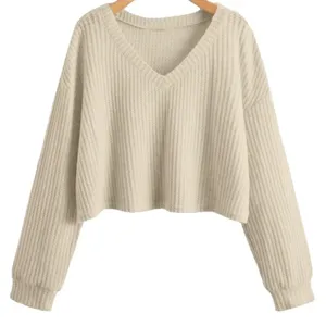 Donna Casuale Collo a V Unito Maniche Lunghe Crop Top Maglia Waffle Pullover Immagine Principale