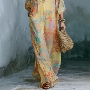 Bohemian floral digital print maxi dress, elegant vintage resort kaftan with pocket for women.