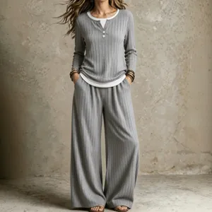 Top et Bas Henley à Manches Longues Décontracté pour Femme Automne Hiver Couleur Unie Tricot Côtelé Tenue Loungewear