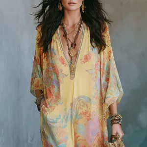 Boho digital print V-neck dress, elegant resort wear kaftan for women stylish daily chic.