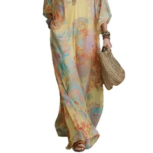 Boho floral digital print maxi dress women long sleeve elegant vacation beach dress