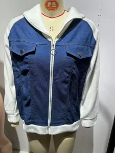 Women casual denim patchwork fleece hooded jacket with full zipper and chest pockets.