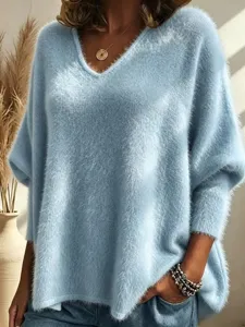 Light blue V-neck fuzzy knit long sleeve top, casual oversized pullover sweater for women.
