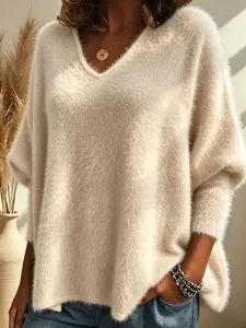 Women V-neck fuzzy knit sweater long sleeve casual pullover top for daily wear and commuting