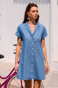 Donna vestito camicia blu stile denim maniche corte risvolto con bottoni, abito estivo.