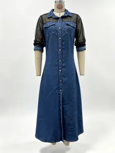 Long sleeve denim dress with black mesh contrast splicing lapel single-breasted maxi dress