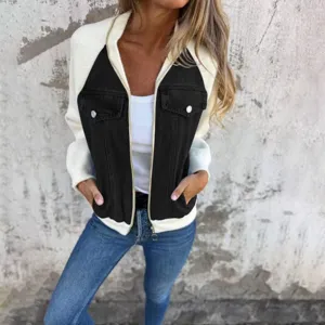 Denim patchwork jacket detail view, stylish contrast sleeve design for women daily wear.