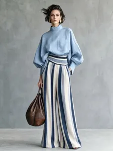 Detailed view of the women's casual two-piece outfit featuring a light blue blouse and wide trousers.