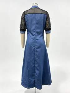 Back view detail of blue denim and black mesh spliced long sleeve slim fit maxi dress.