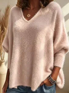 Women v-neck solid color knit long sleeve sweater casual loose pullover top for daily wear