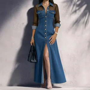 Women's Elegant Casual Long Sleeve Turn Down Collar Spliced Mesh Denim Dress Slim Fit Split Maxi Dress