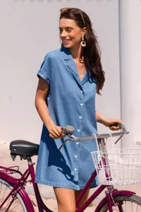 Abito camicia in denim maniche corte da donna risvolto bottoni stile casual estivo chic urbano