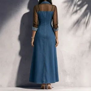 Detailed view of the patchwork mesh long sleeve denim dress, showcasing slim fit style.