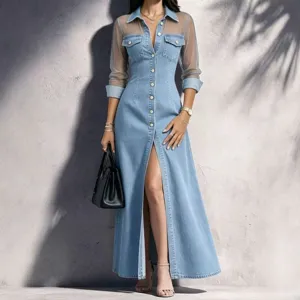 Elegant denim long dress featuring sheer mesh long sleeves, lapel collar, and front slit design.