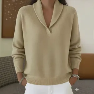 Maglione in Maglia a Manica Lunga con Scollo a V Casual da Donna Tinta Unita Pullover Largo Autunno Inverno Top Eleganti