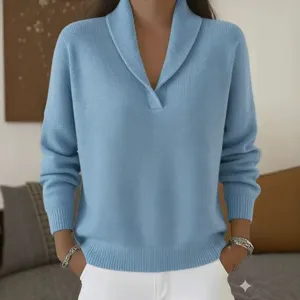 Maglione classico azzurro con collo a V e maniche lunghe, comodo top in maglia da donna per autunno.