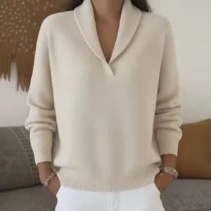 Maglione in maglia beige con collo a V da donna, comodo top pullover ampio in tinta unita.