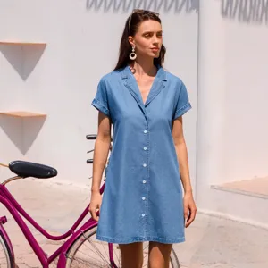 Abito Midi Casual da Donna con Risvolto a Manica Corta Estivo Tinta Unita Linea A Vestibilità Affusolata Chiusura a Bottoni Stile Finto Denim Camicia