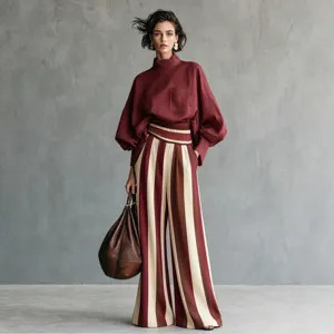Women's Casual Long Sleeve Stand Collar Top And Striped Wide Leg Pants Set Fashion Resort Style Daily Outfit