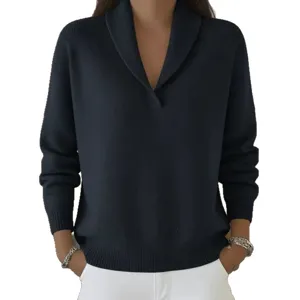 Donna Blu Scuro Collo a V Manica Lunga Maglione a Coste Largo Casuale Top Invernale