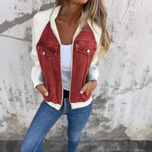 Women colorblock denim patchwork jacket casual raglan sleeve zip outerwear fashion main view