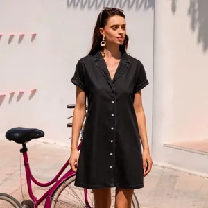 Abito camicia in denim nero maniche corte risvolto bottoni donna estate casual vista principale